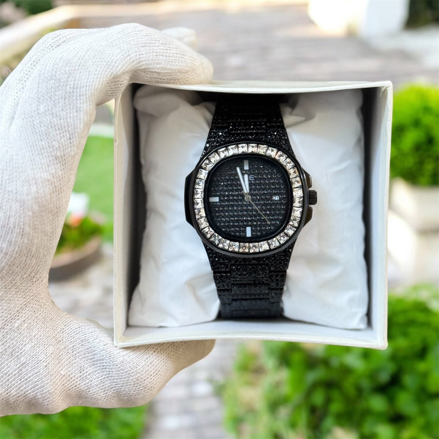 Luxury Iced Out Black Silver Stone Watch