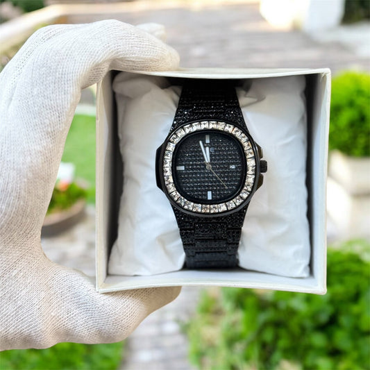 Luxury Iced Out Black Silver Stone Watch