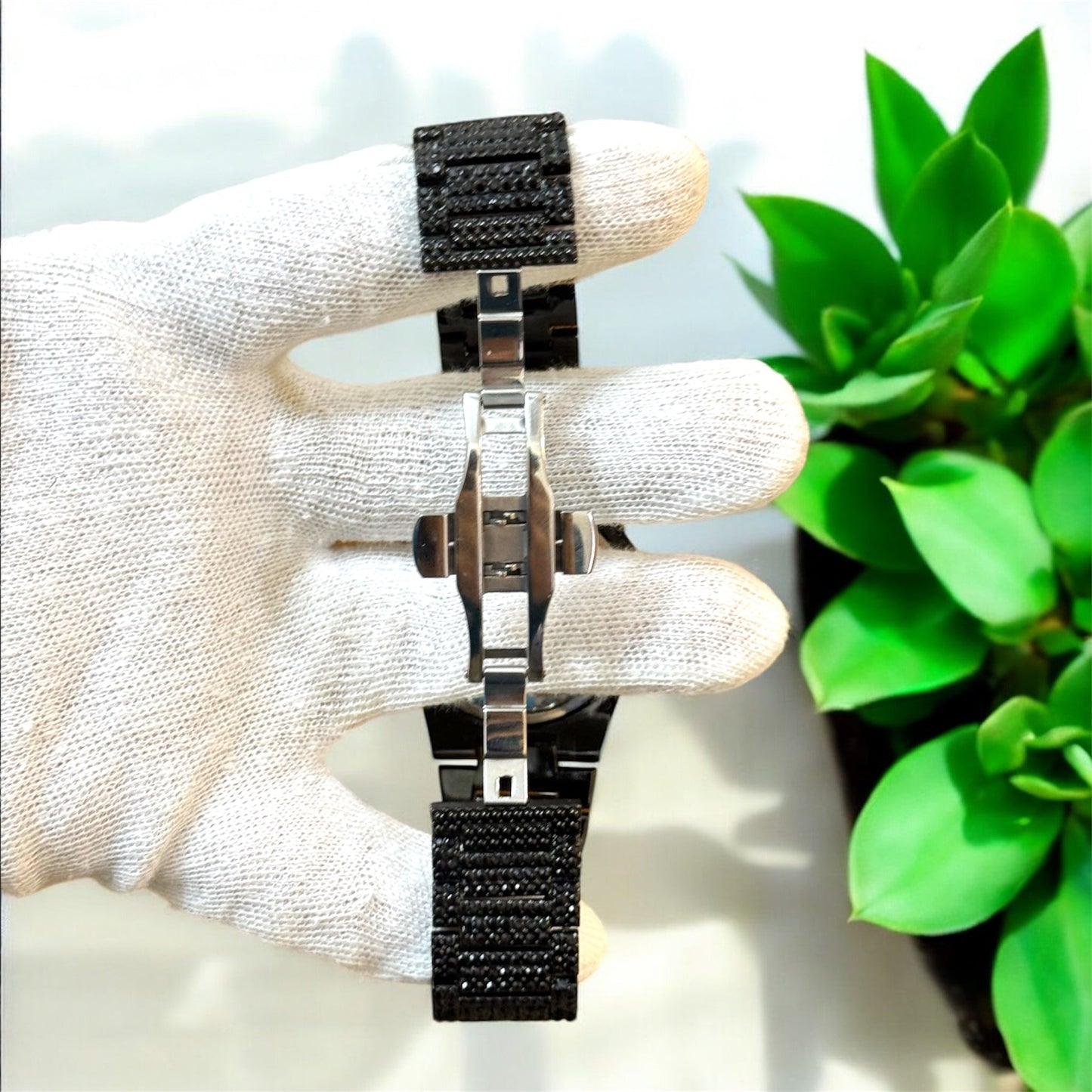 Luxury Iced Out Black Silver Stone Watch