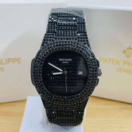 PP Black & Silver Iced Out Stone Watch