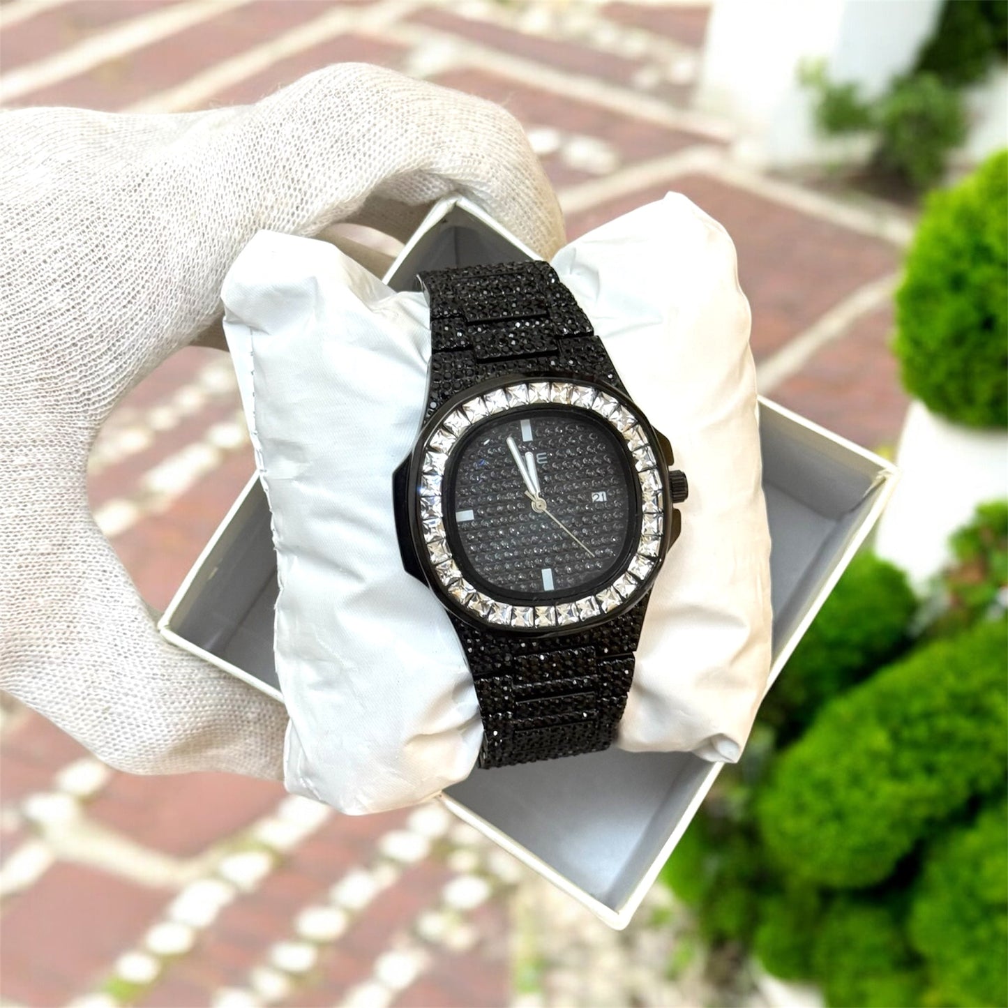 Luxury Iced Out Black Silver Stone Watch