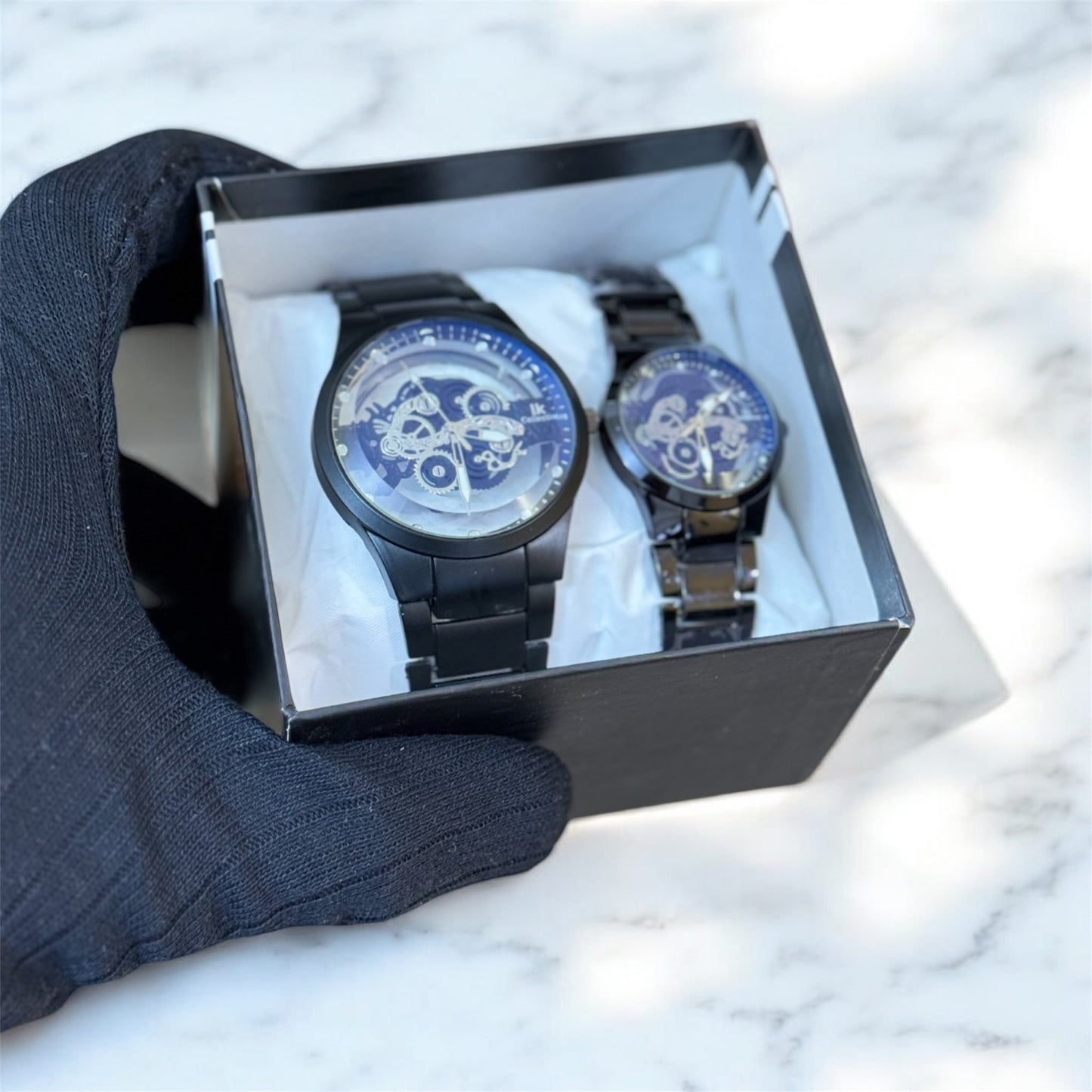 Metallic Colour Couple Skeleton Watch